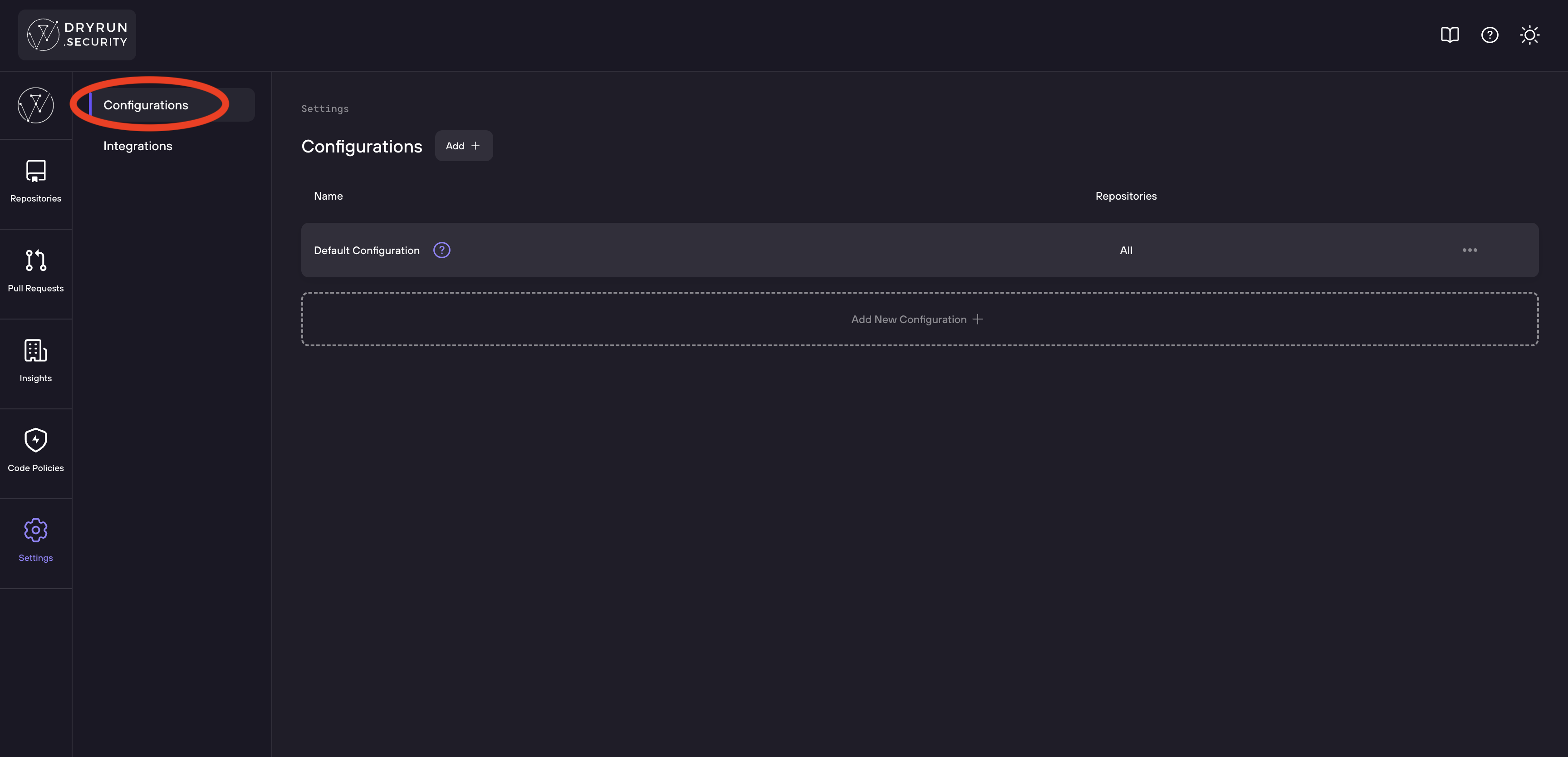 Repository configurations list in DryRun Security dashboard