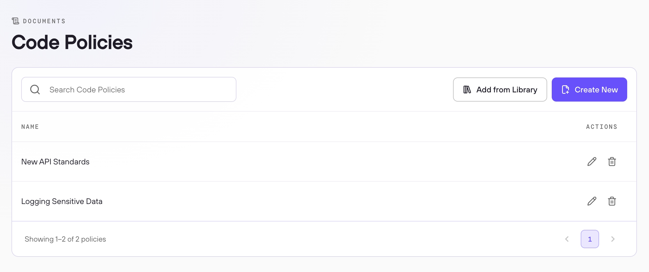 Code Policies list showing saved policies with Add from Library and Create New options