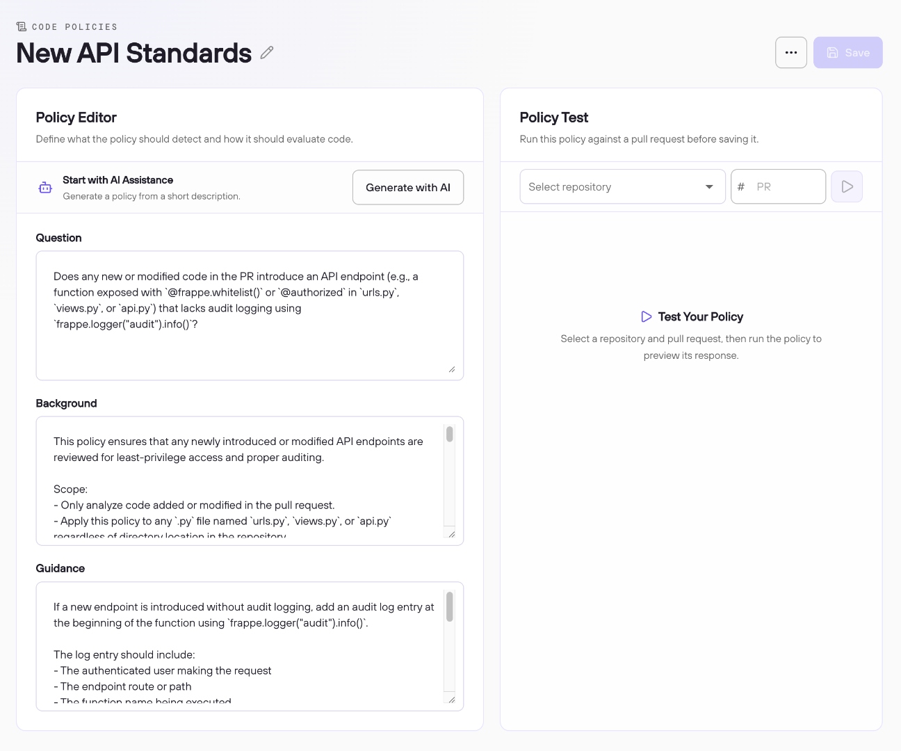Policy editor showing the Question, Background, and Guidance fields alongside the Policy Test panel