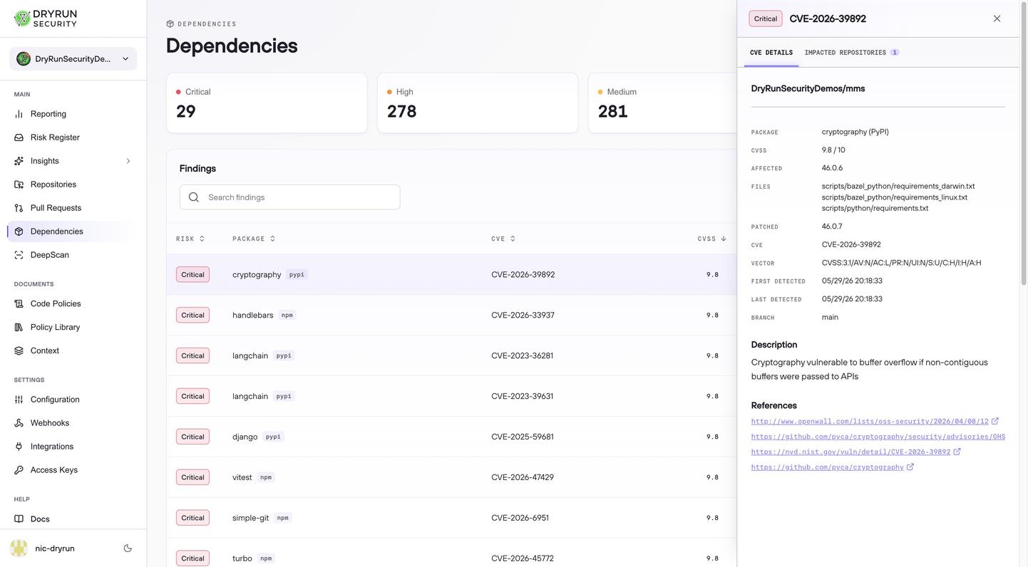 Finding detail panel showing CVE context, affected files, and impacted repositories