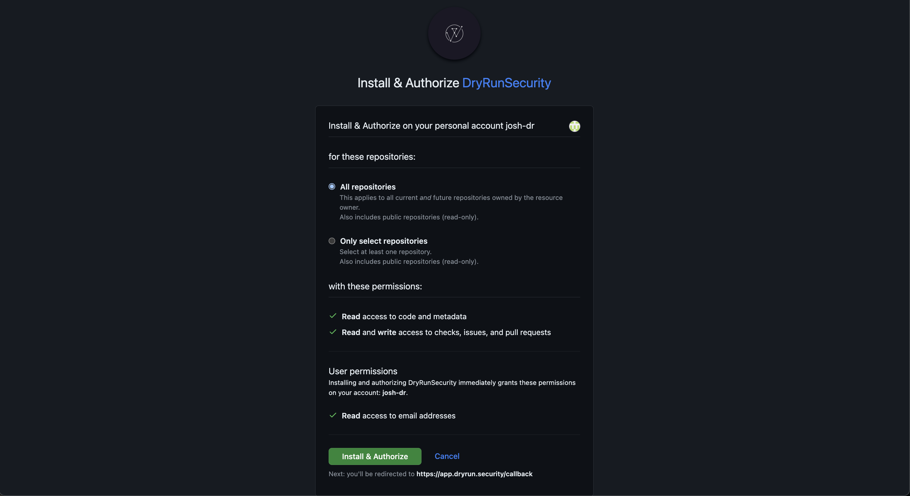 Authorize DryRun Security on GitHub