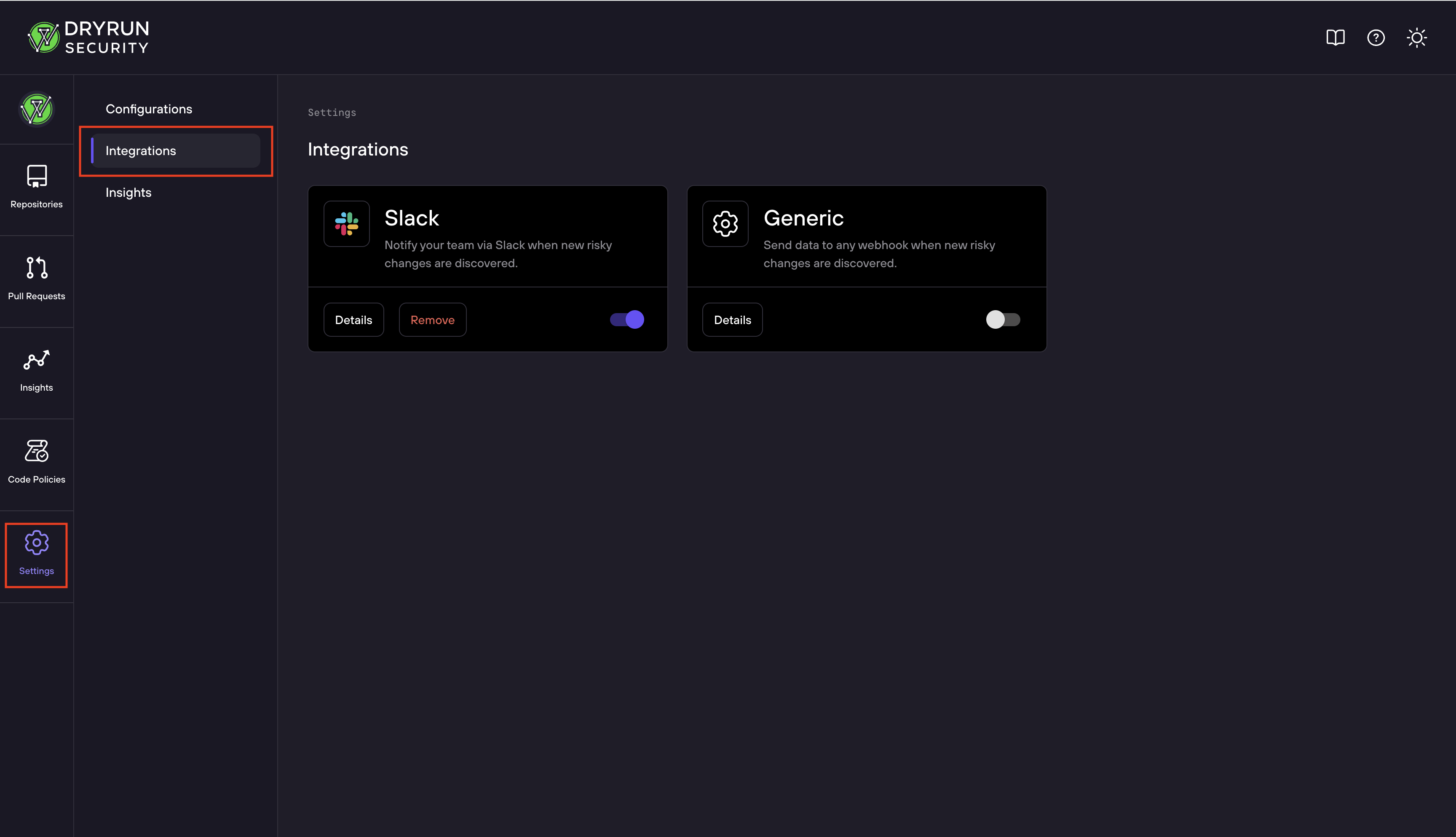 Notification integrations page in DryRun Security