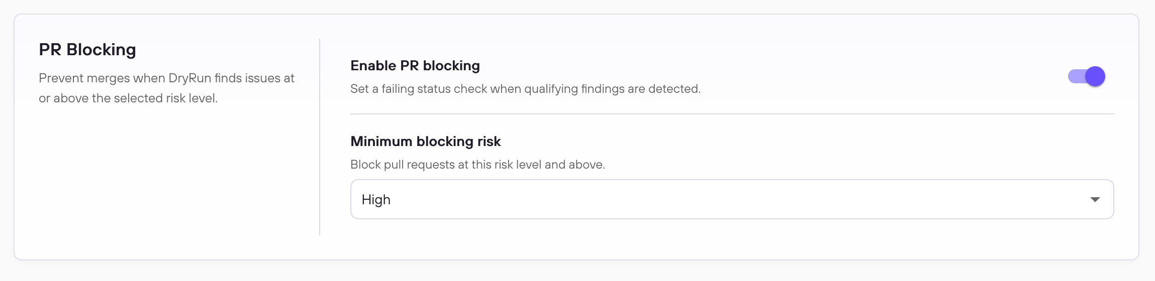 General tab showing the Enable PR blocking toggle and Minimum blocking risk dropdown set to High