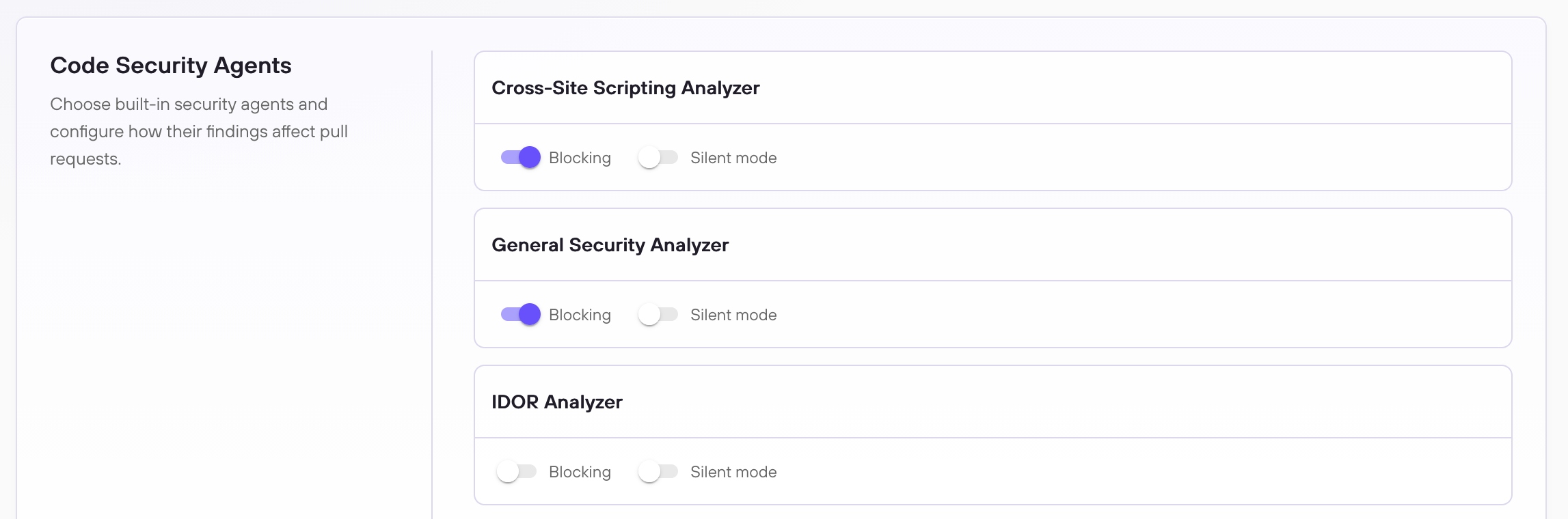 Code Security Agents tab showing per-analyzer Blocking and Silent mode toggles