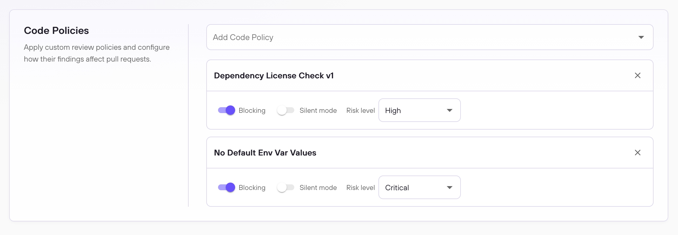 Code Policies tab showing Blocking, Silent mode, and Risk level controls for two attached policies