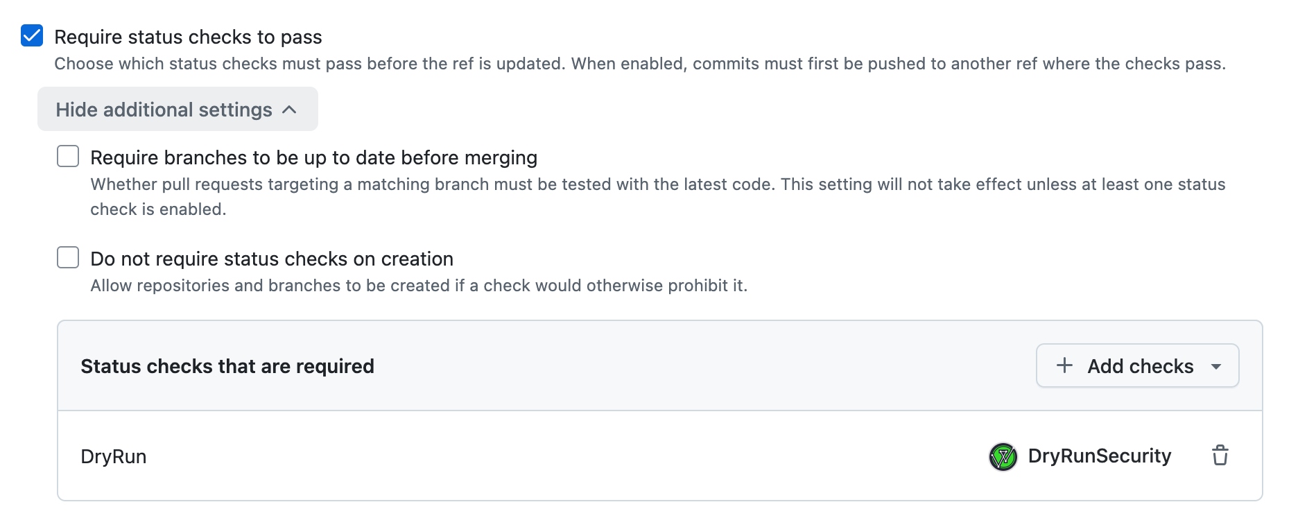 GitHub ruleset status check configuration showing DryRun check with DryRunSecurity source