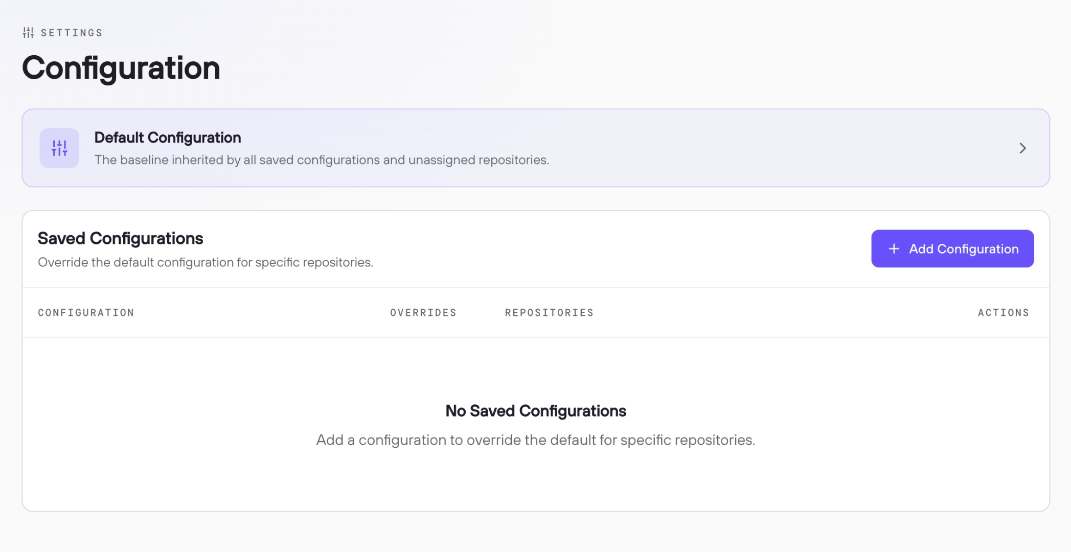 Configuration list showing the Default Configuration and the Saved Configurations panel