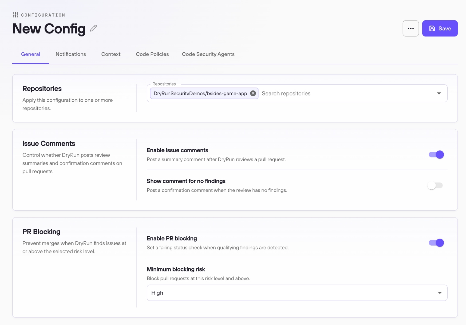 General tab of a new configuration showing Repositories, Issue Comments, and PR Blocking sections