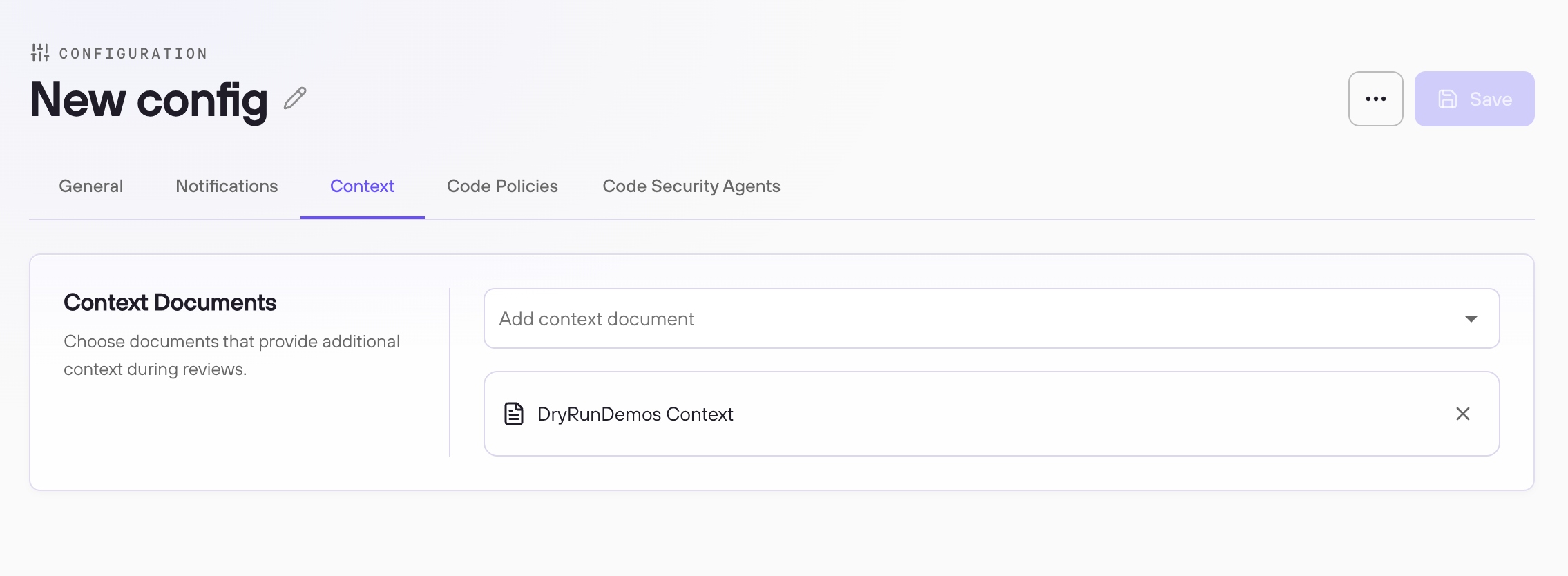 Context tab showing the Context Documents selector with a context document applied