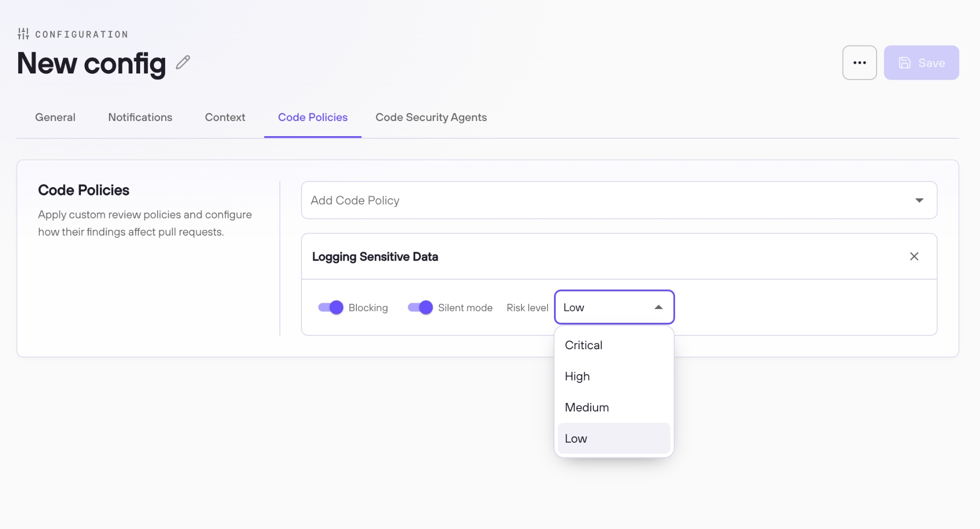 Code Policies tab showing an attached policy with Blocking, Silent mode, and Risk level controls
