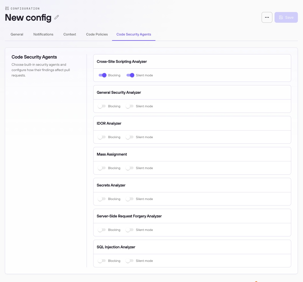 Code Security Agents tab listing all built-in analyzers with Blocking and Silent mode toggles