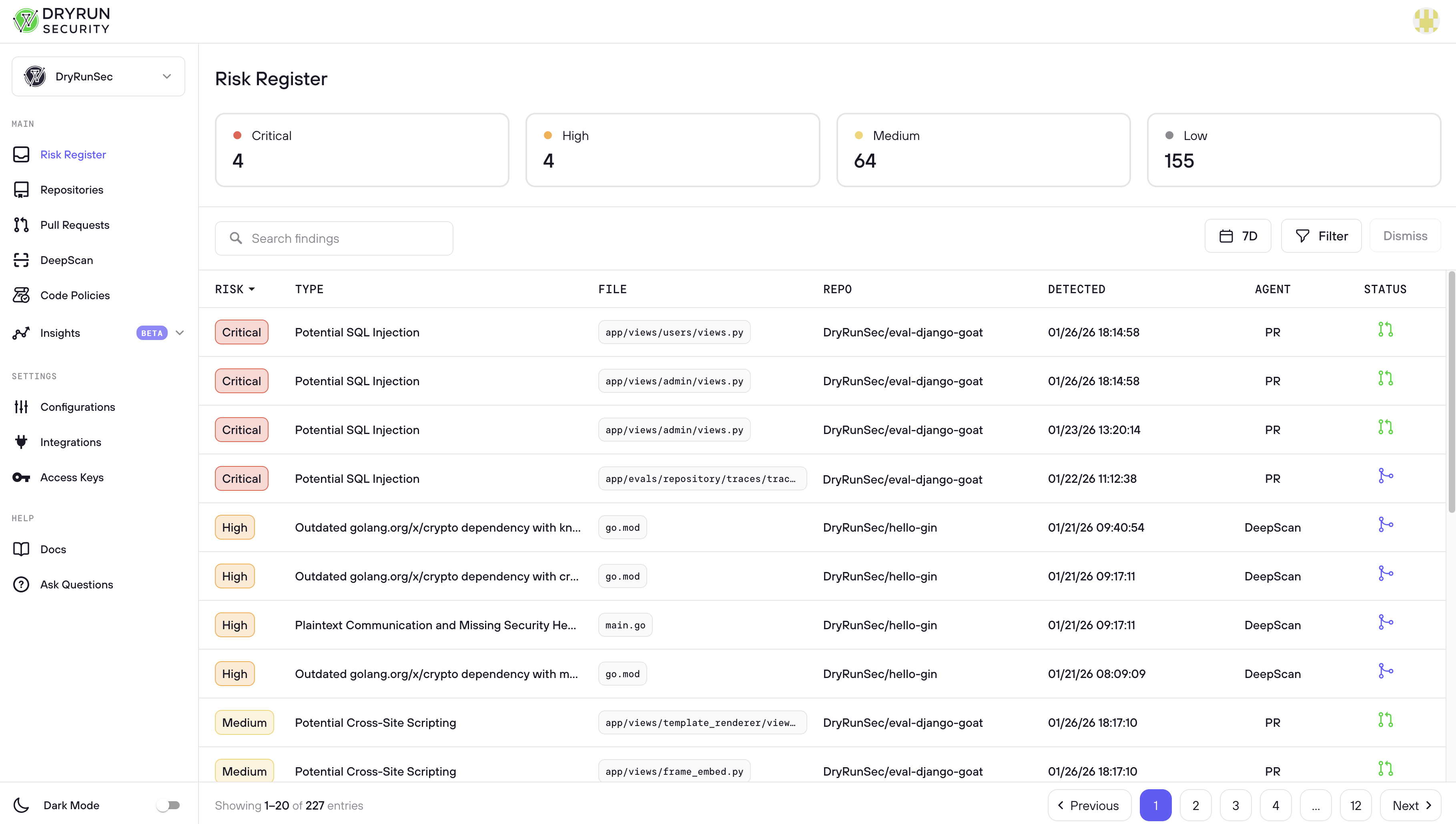 DryRun Security Risk Register dashboard