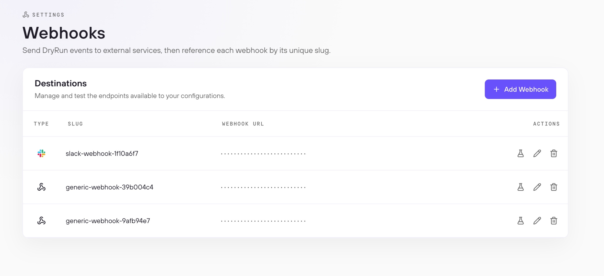 Webhooks Destinations list showing Slack and generic webhook entries with test, edit, and delete actions